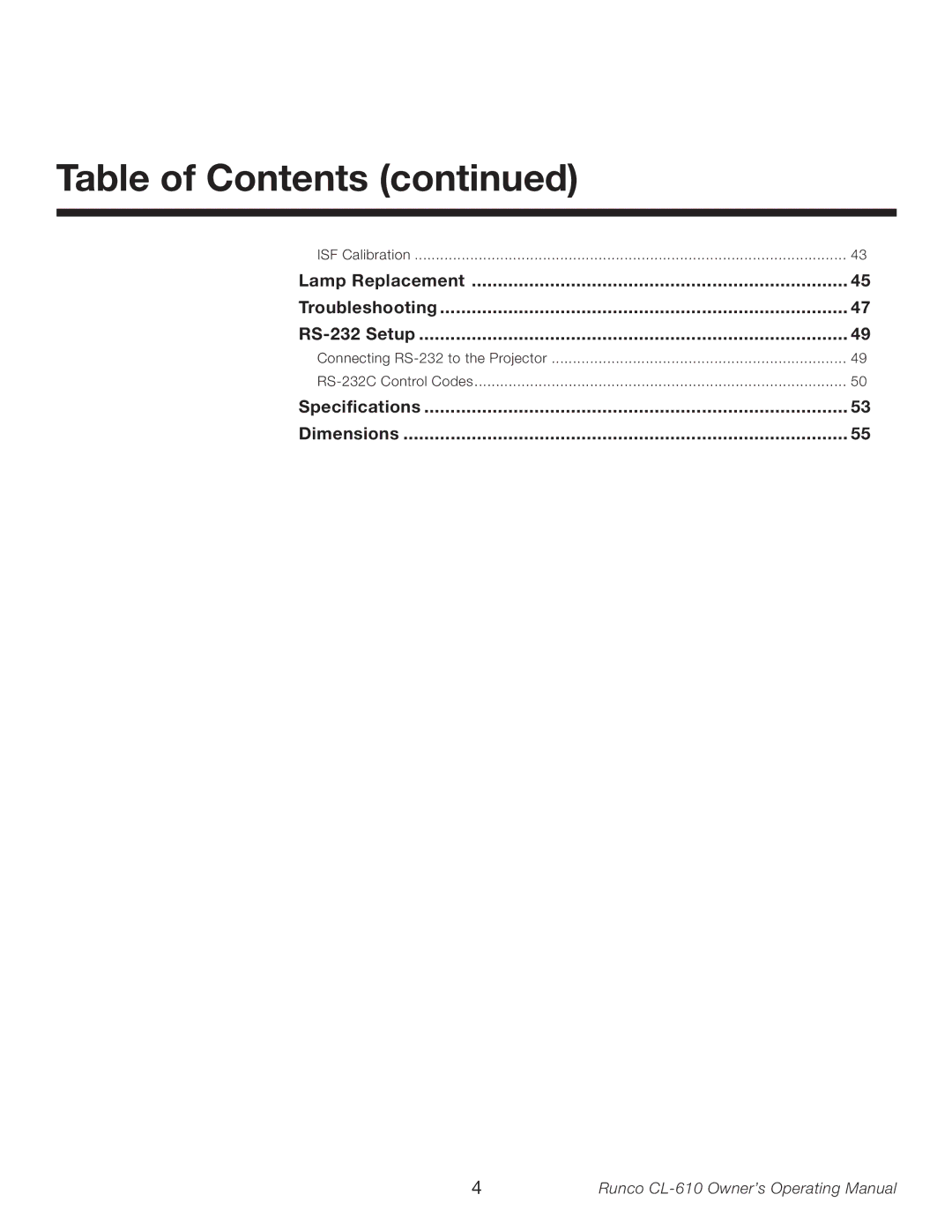 Runco CL-610LT manual Table of Contents 