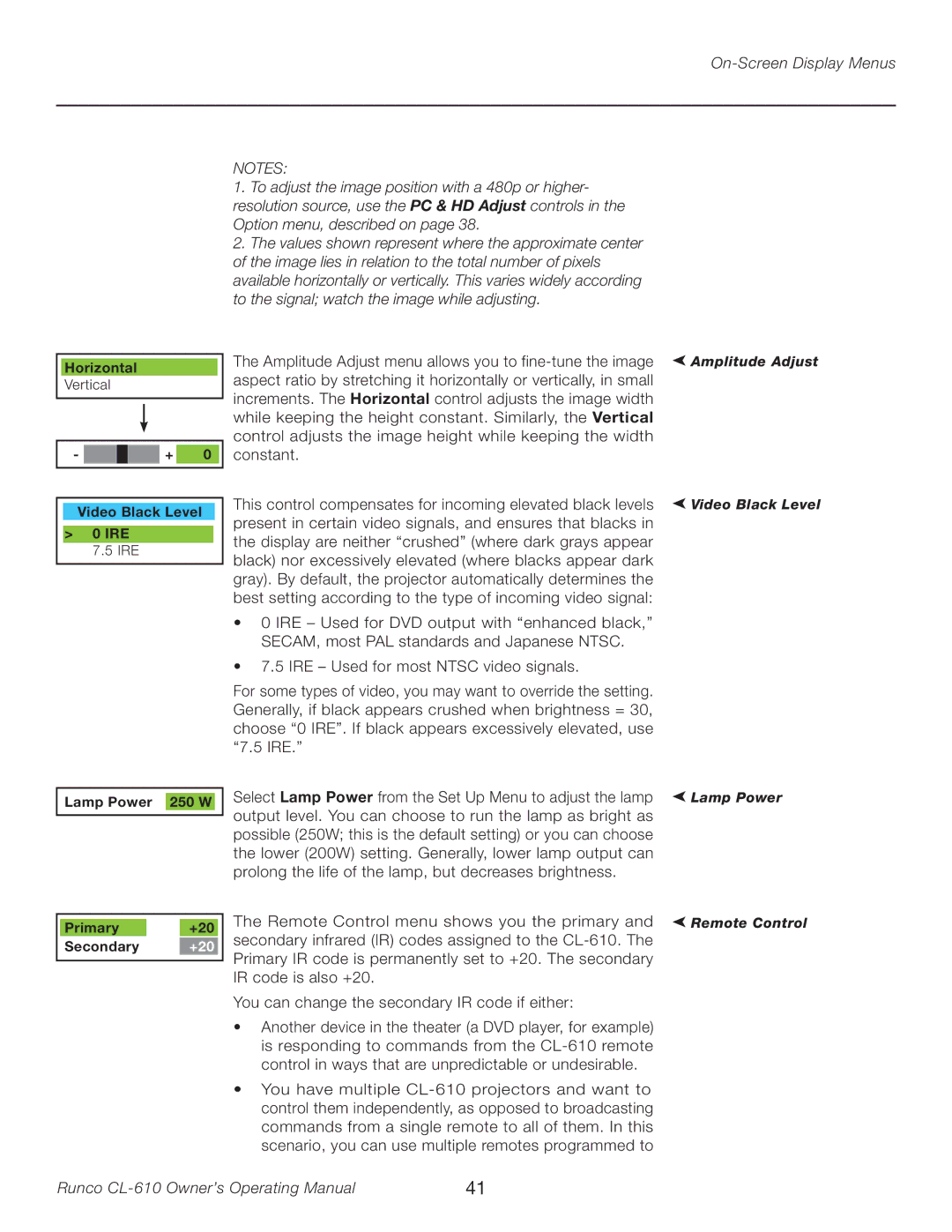 Runco CL-610LT manual Amplitude Adjust menu allows you to fine-tune the image 