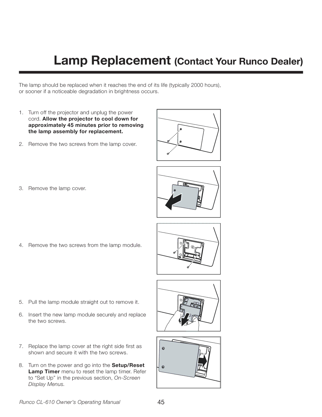 Runco CL-610LT manual Lamp Replacement Contact Your Runco Dealer 