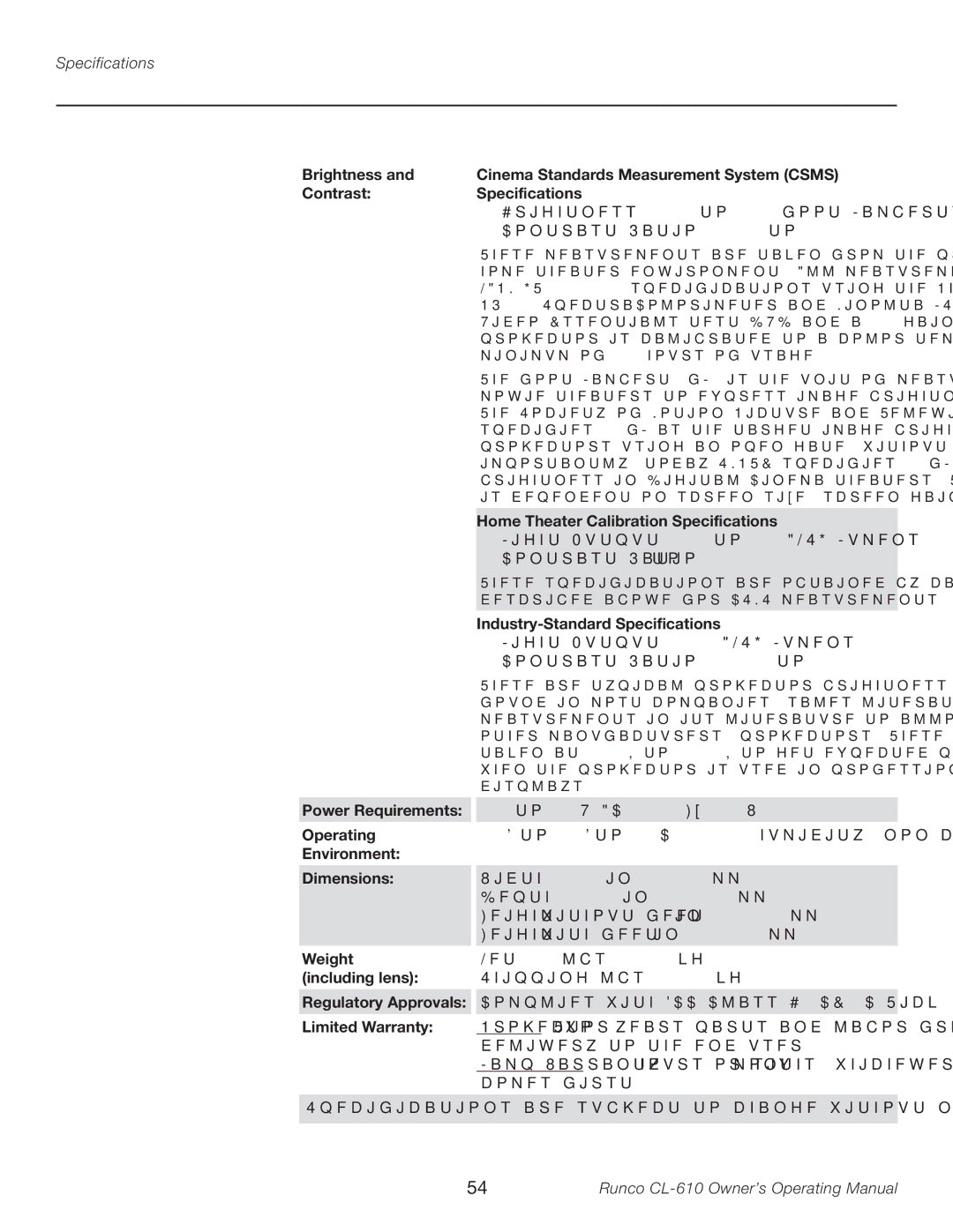 Runco CL-610LT manual Home Theater Calibration Specifications, Industry-Standard Specifications 