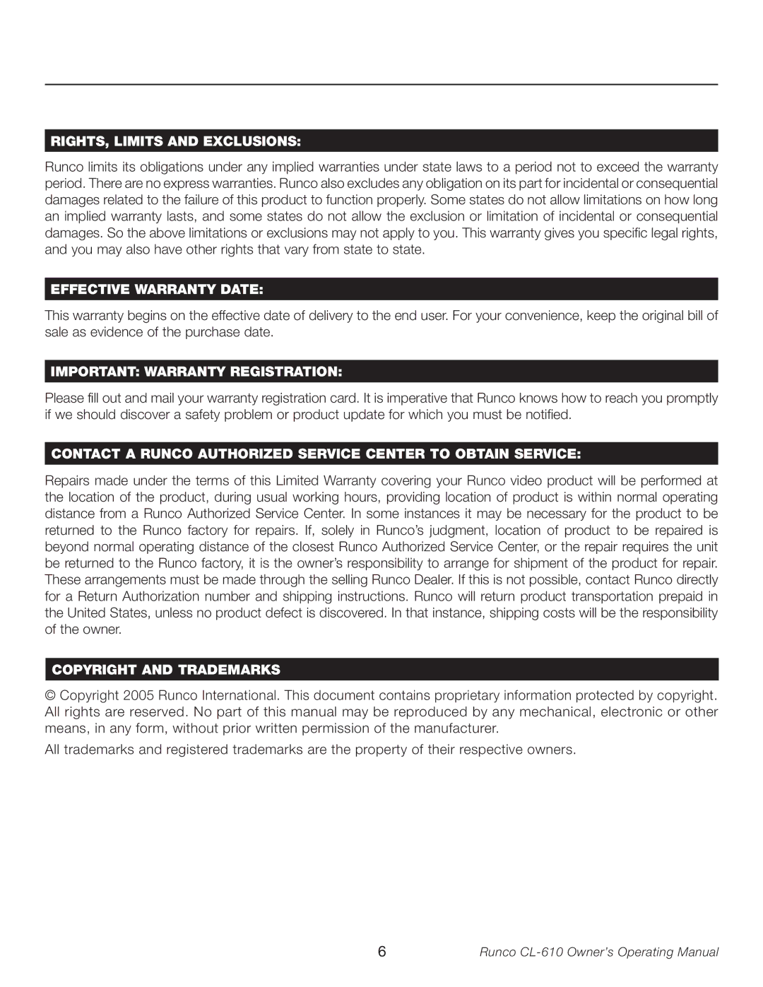 Runco CL-610LT manual RIGHTS, Limits and Exclusions 