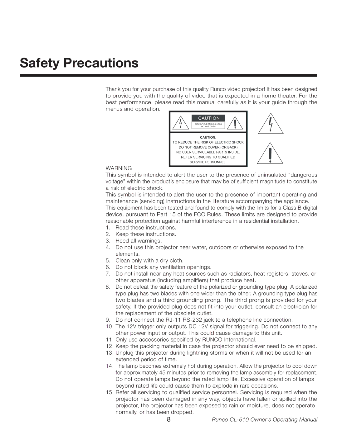 Runco CL-610LT manual Safety Precautions 