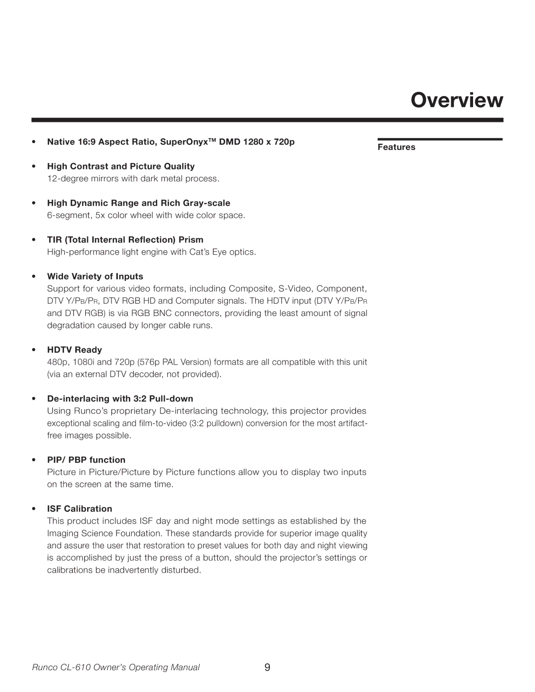 Runco CL-610LT manual Overview 