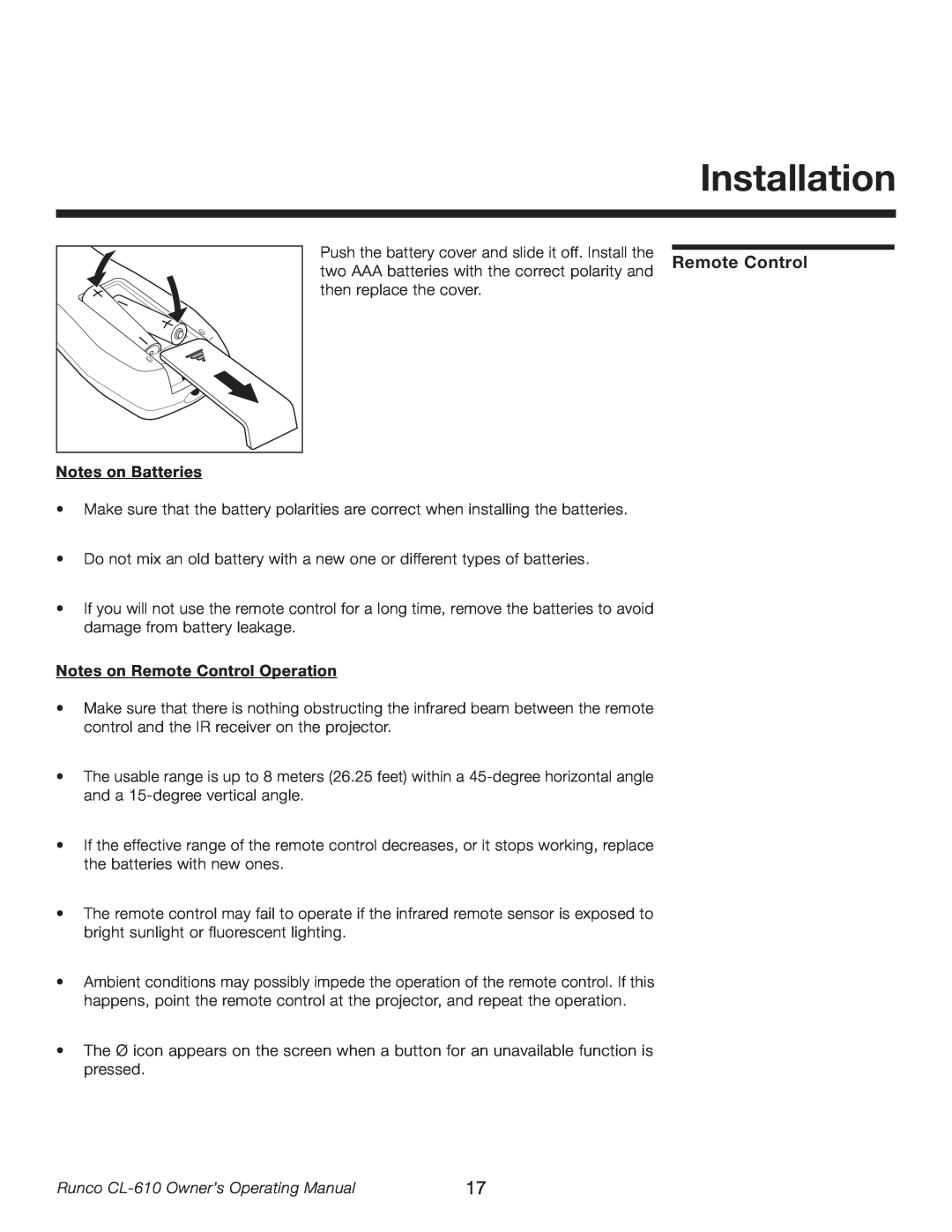 Runco CL-610LT manual Installation, Notes on Batteries, Notes on Remote Control Operation 