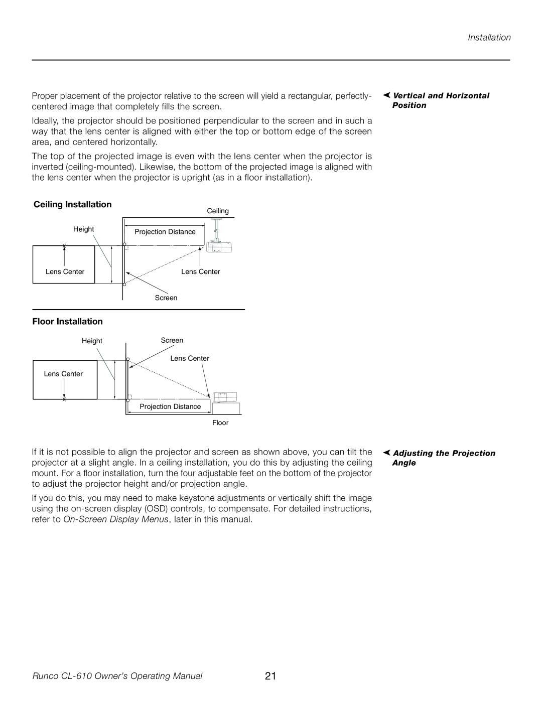 Runco CL-610LT manual Ceiling Installation, Floor Installation, Runco CL-610 Owner’s Operating Manual 