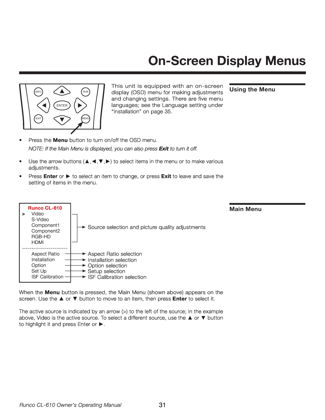 Runco CL-610LT manual On-Screen Display Menus, Using the Menu, Main Menu, Runco CL-610 Owner’s Operating Manual 