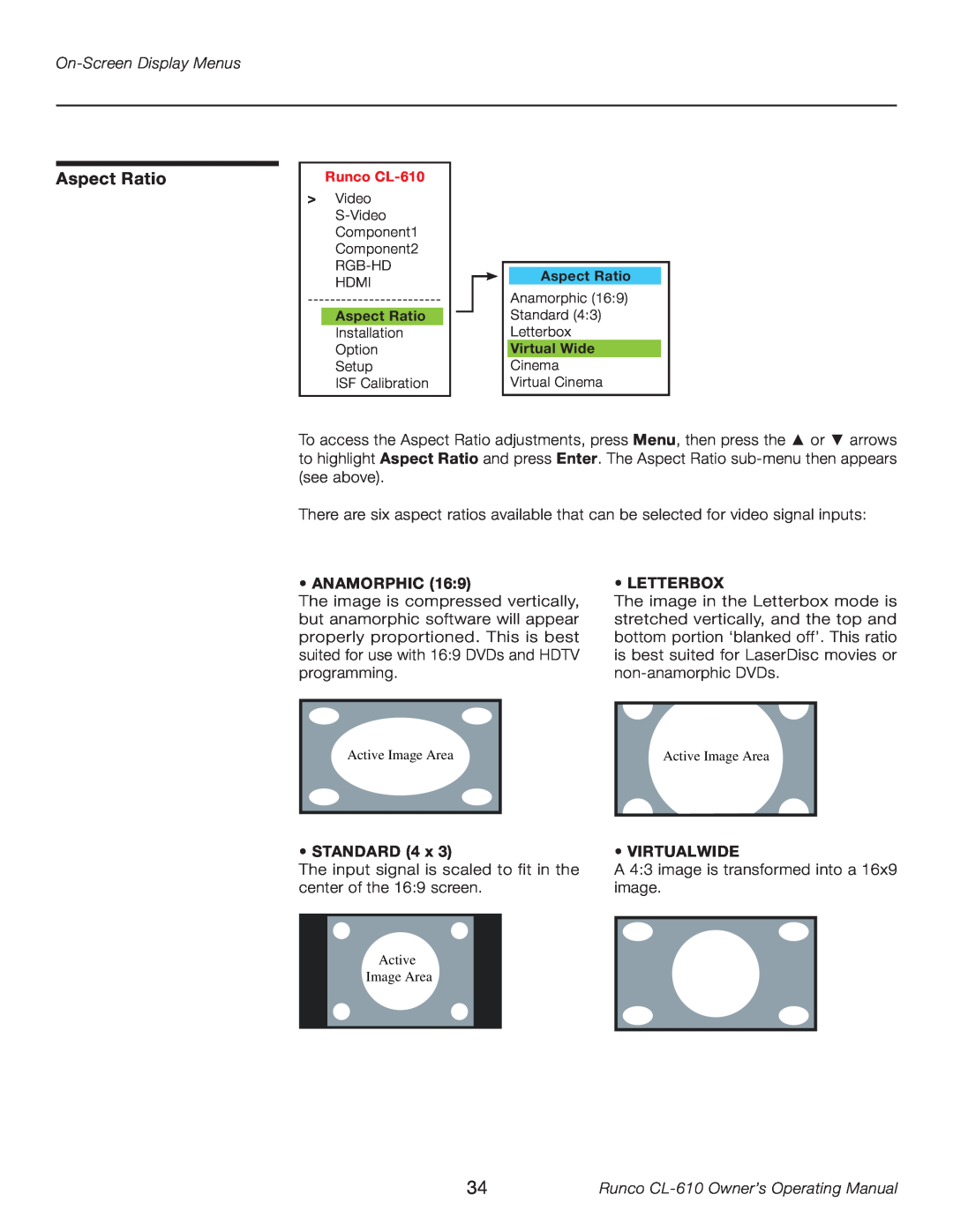 Runco CL-610LT manual Aspect Ratio, On-Screen Display Menus, Anamorphic, Letterbox, STANDARD 4 x, Virtualwide 