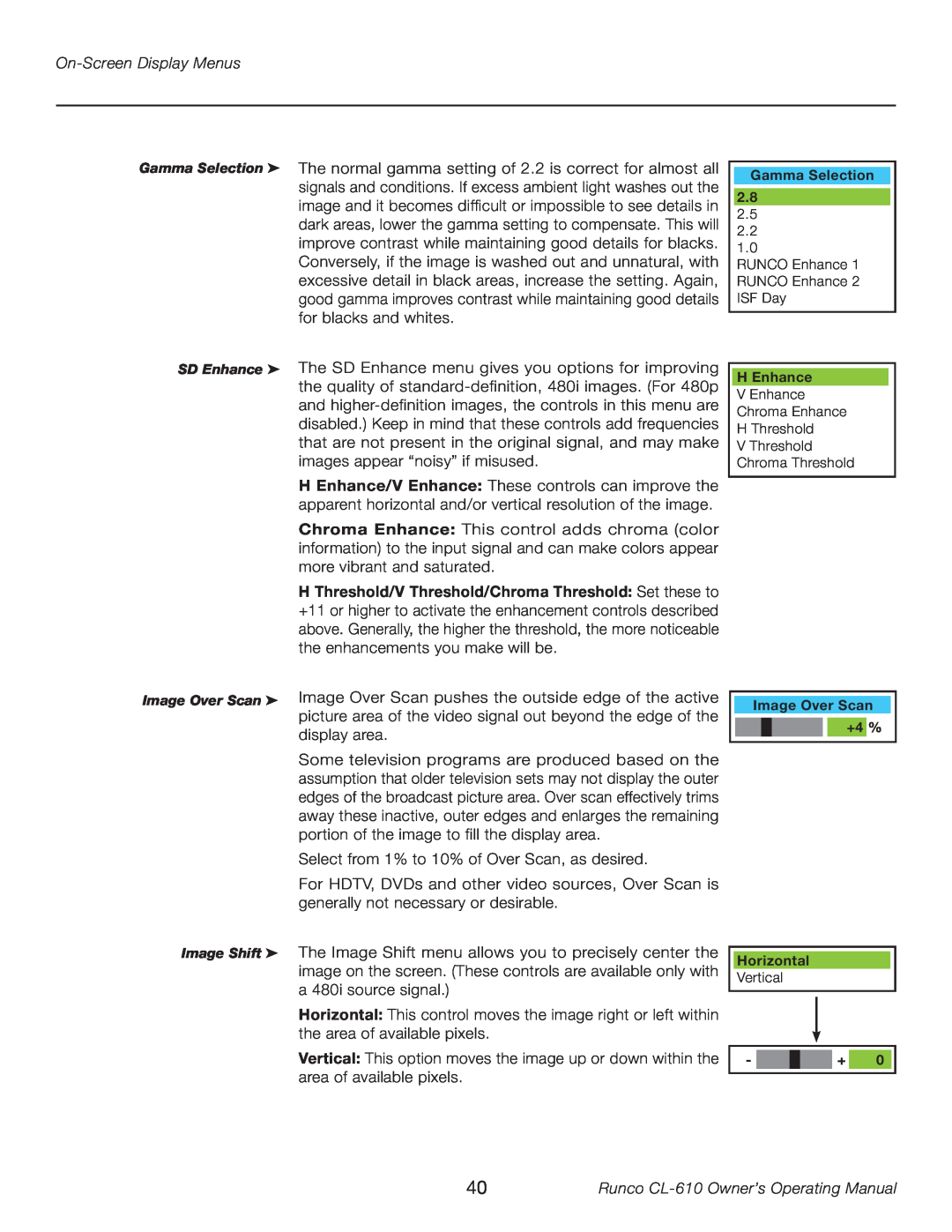 Runco CL-610LT manual On-Screen Display Menus, display area, Runco CL-610 Owner’s Operating Manual 