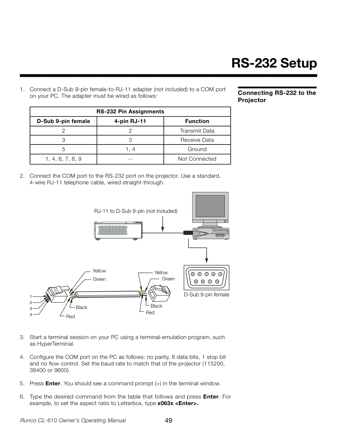 Runco CL-610LT RS-232 Setup, Connecting RS-232 to the Projector, RS-232 Pin Assignments, D-Sub 9-pin female, pin RJ-11 