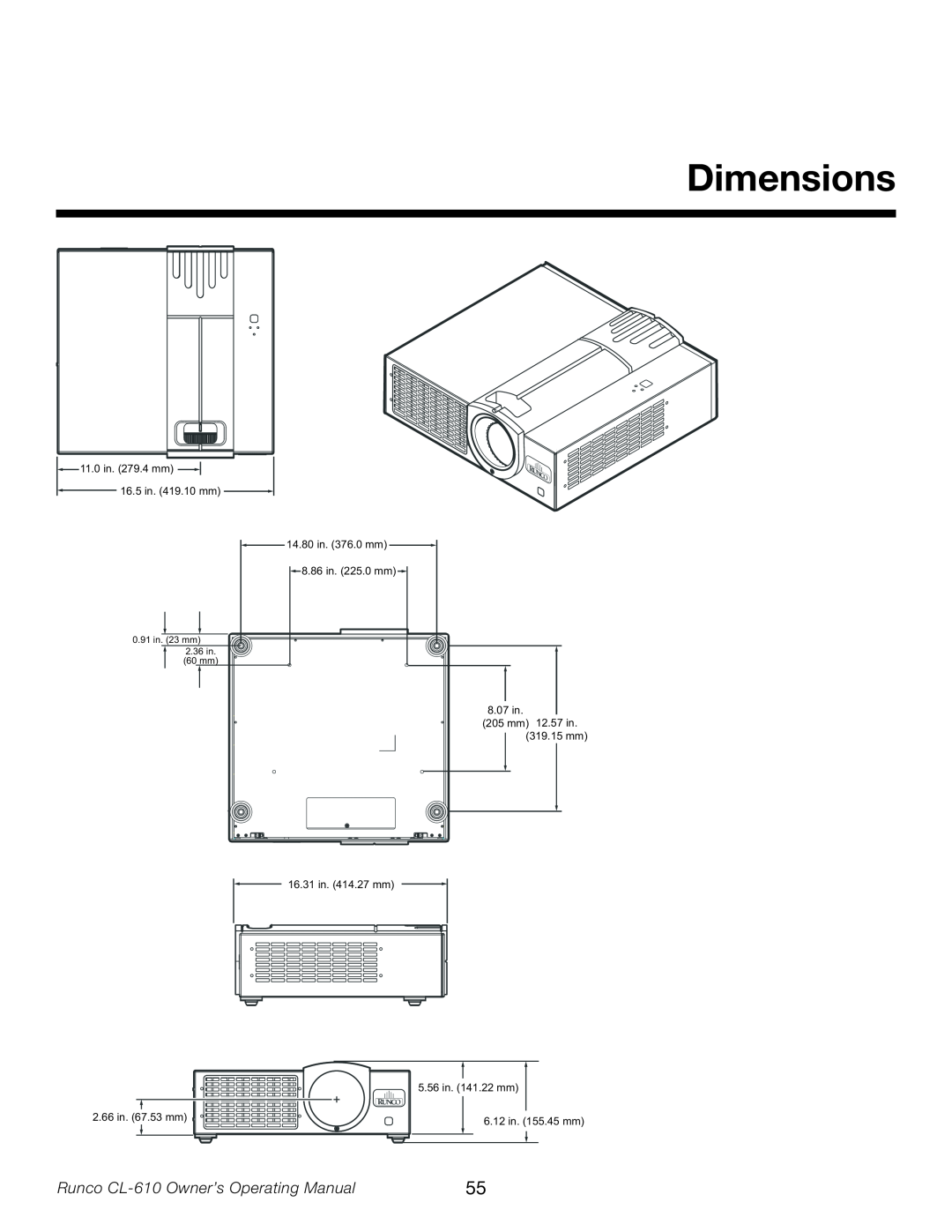 Runco CL-610LT Dimensions, Runco CL-610 Owner’s Operating Manual, 11.0 in. 279.4 mm 16.5 in. 419.10 mm 14.80 in. 376.0 mm 