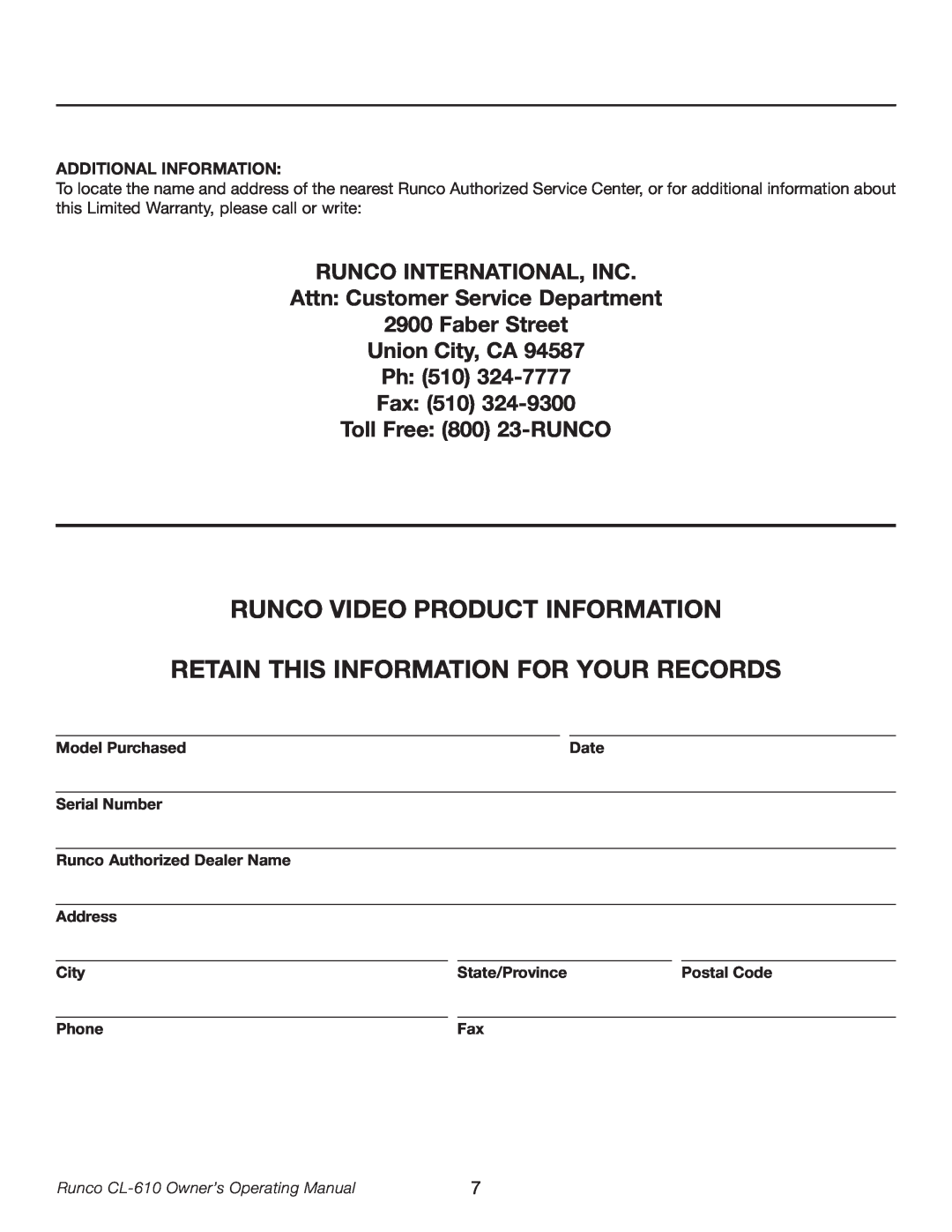 Runco CL-610LT Runco Video Product Information, Retain This Information For Your Records, Toll Free 800 23-RUNCO, Date 