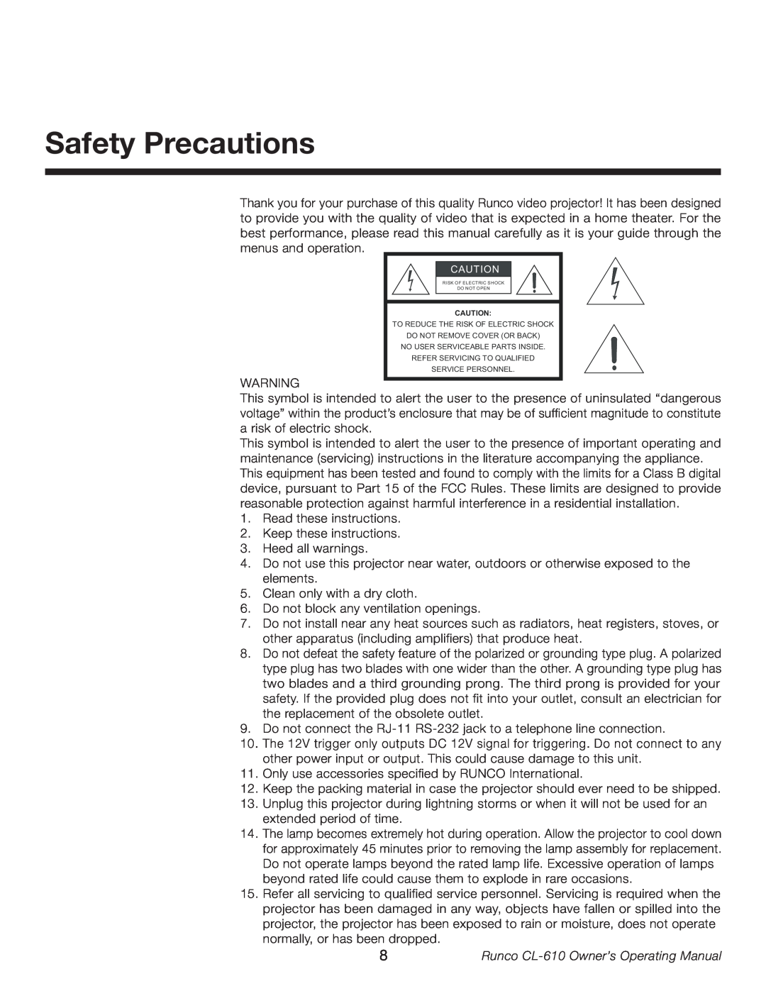 Runco CL-610LT manual Safety Precautions, Runco CL-610 Owner’s Operating Manual 