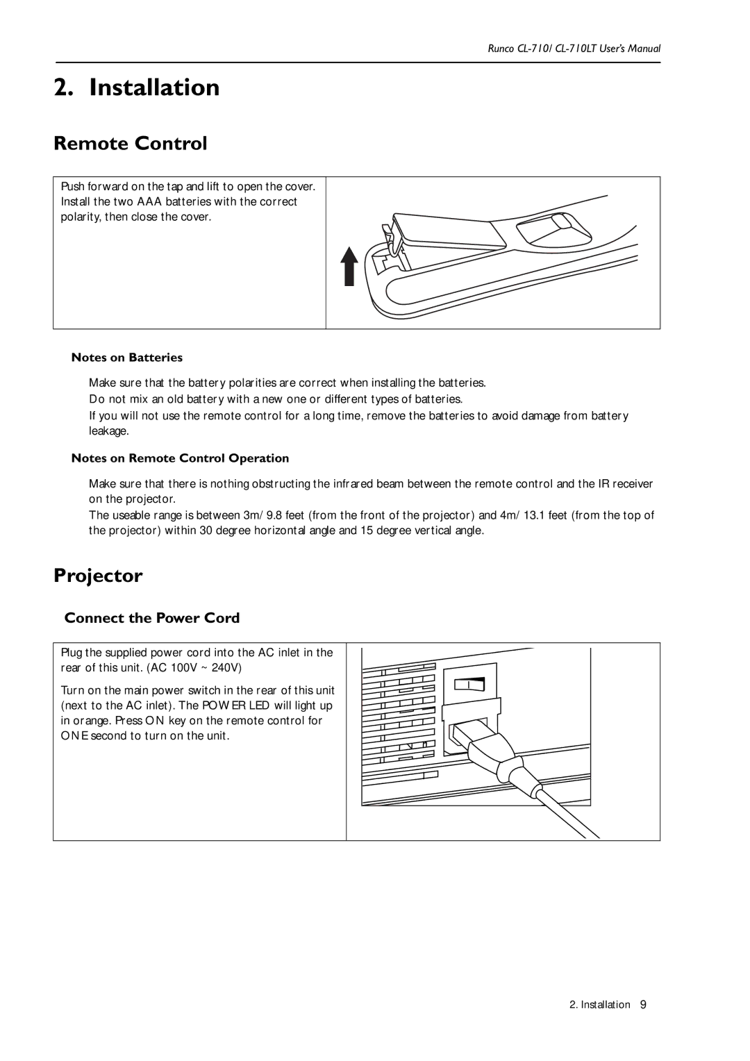 Runco CL-710LT, Reflection manual Installation, Remote Control, Projector, Connect the Power Cord 