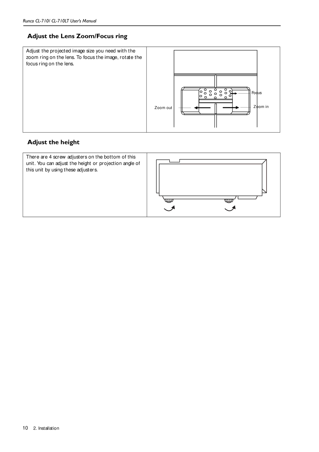 Runco CL-710LT, Reflection manual Adjust the Lens Zoom/Focus ring, Adjust the height 