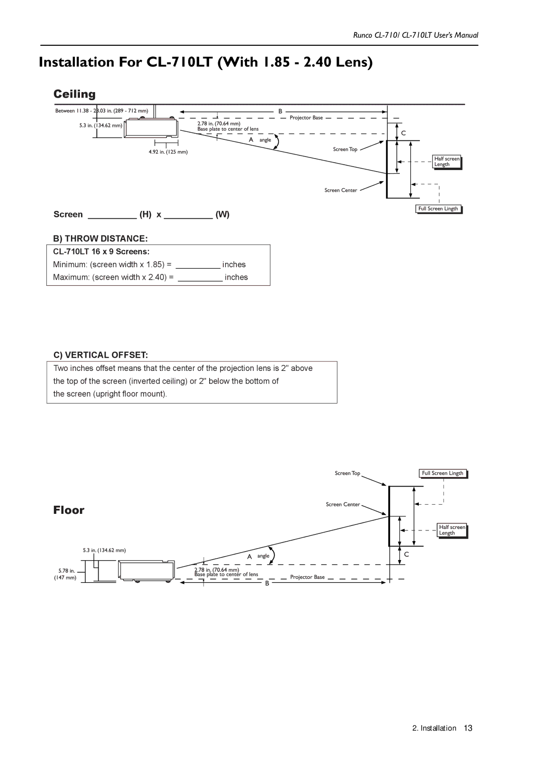 Runco Reflection manual Installation For CL-710LT With 1.85 2.40 Lens, Ceiling, Floor 