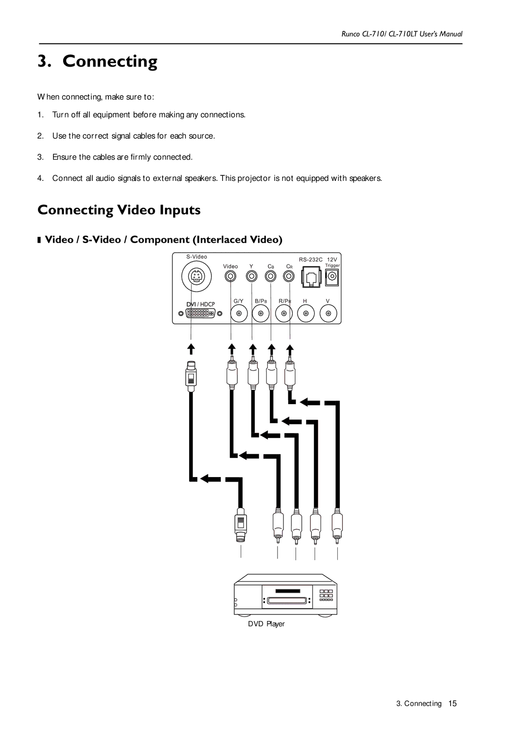 Runco CL-710LT, Reflection manual Connecting Video Inputs, Video / S-Video / Component Interlaced Video 