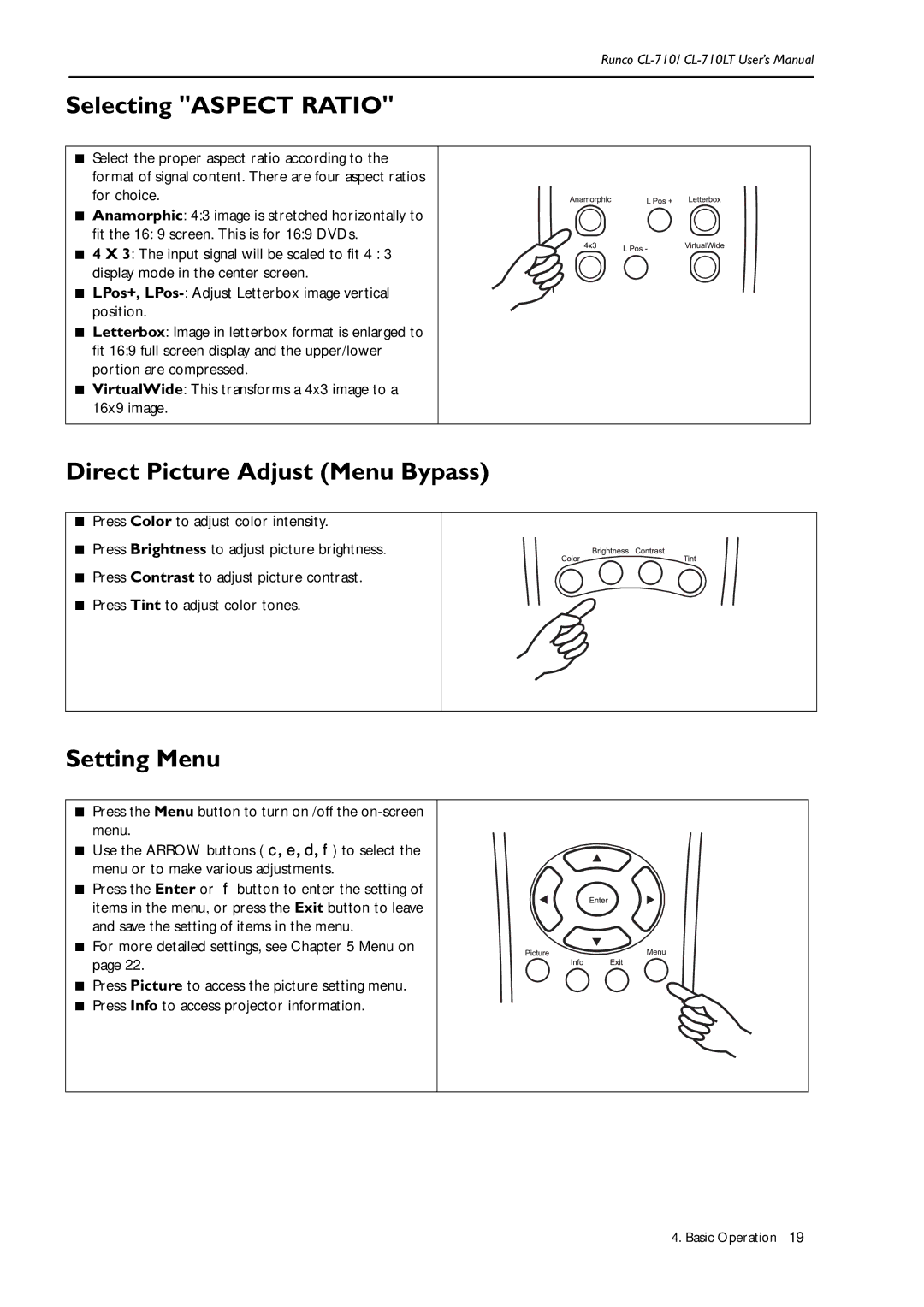 Runco CL-710LT, Reflection manual Selecting Aspect Ratio, Direct Picture Adjust Menu Bypass, Setting Menu 