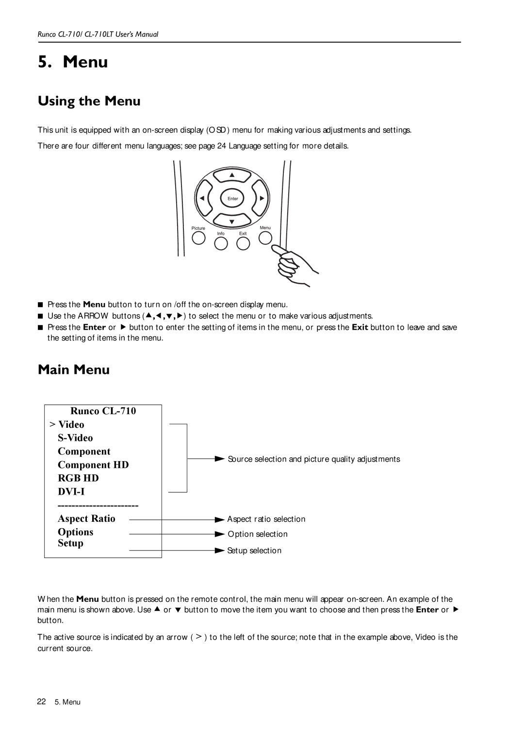 Runco CL-710LT, Reflection manual Using the Menu, Main Menu 