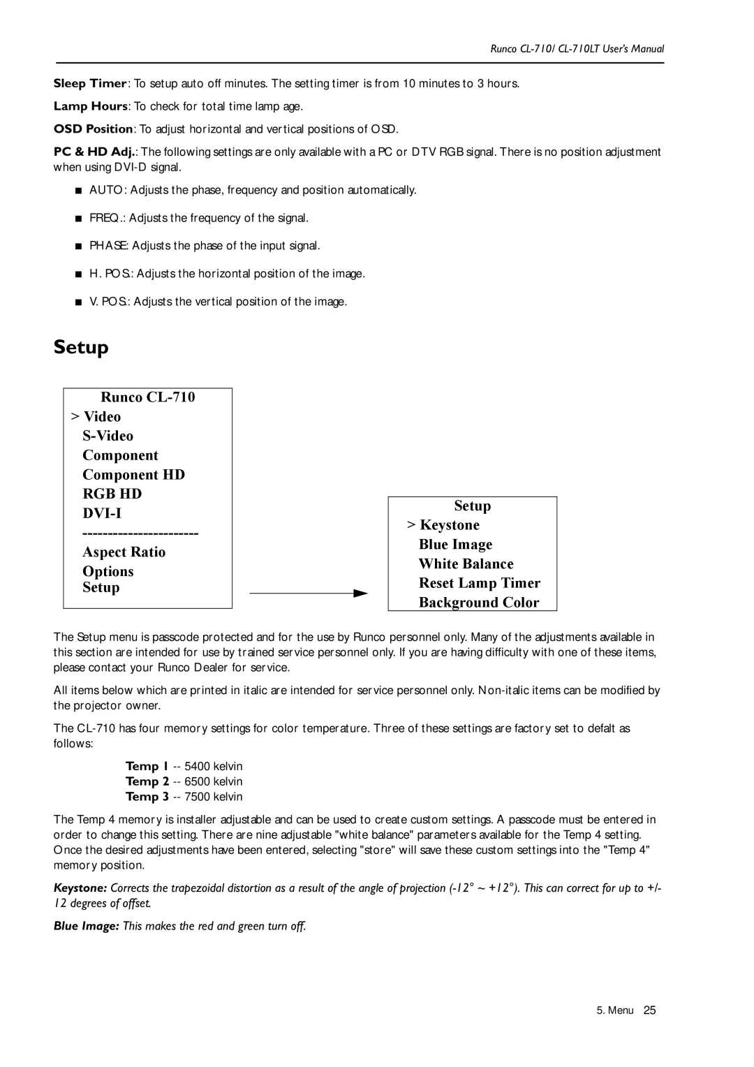 Runco CL-710LT, Reflection manual Setup 