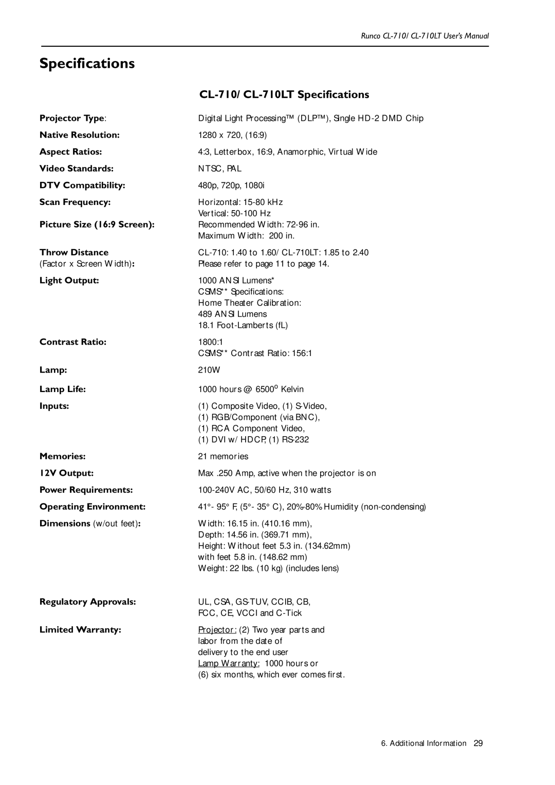 Runco Reflection manual CL-710/ CL-710LT Specifications 