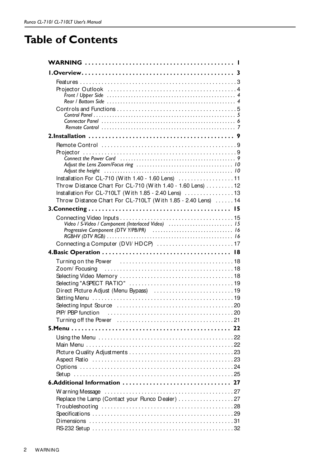 Runco Reflection, CL-710LT manual Table of Contents 