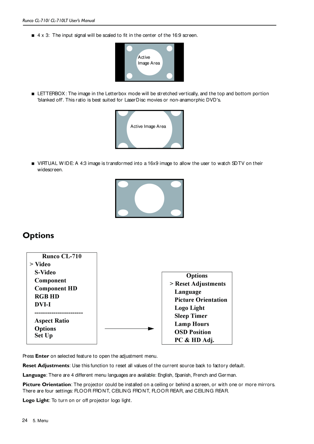 Runco CL-710LT manual Sleep Timer Lamp Hours OSD Position PC & HD Adj, Runco CL-710, Aspect Ratio Options Set Up 