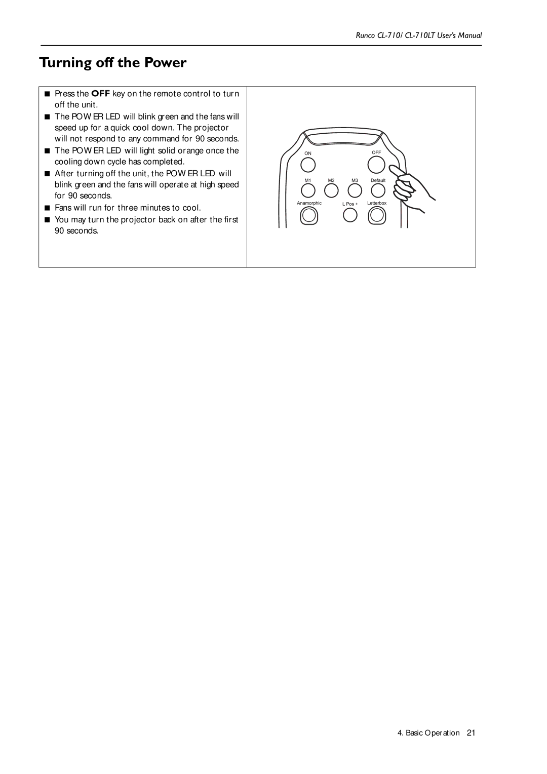 Runco CL-710LT manual Turning off the Power 