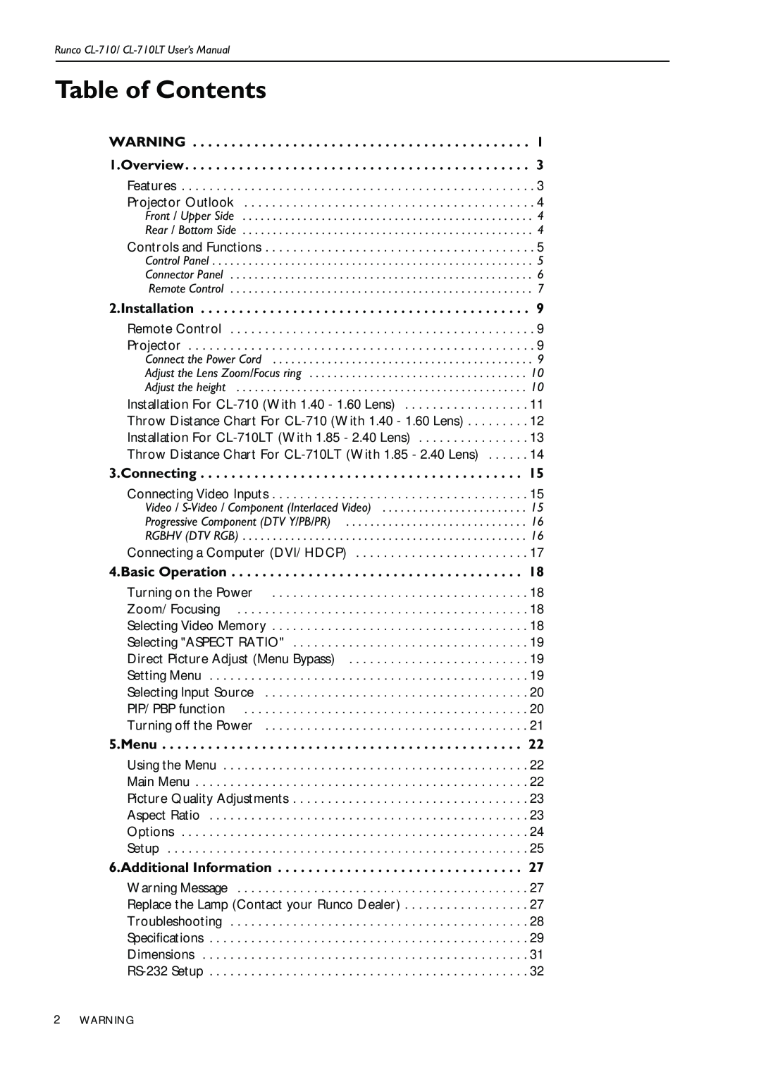 Runco CL-710LT manual Table of Contents 