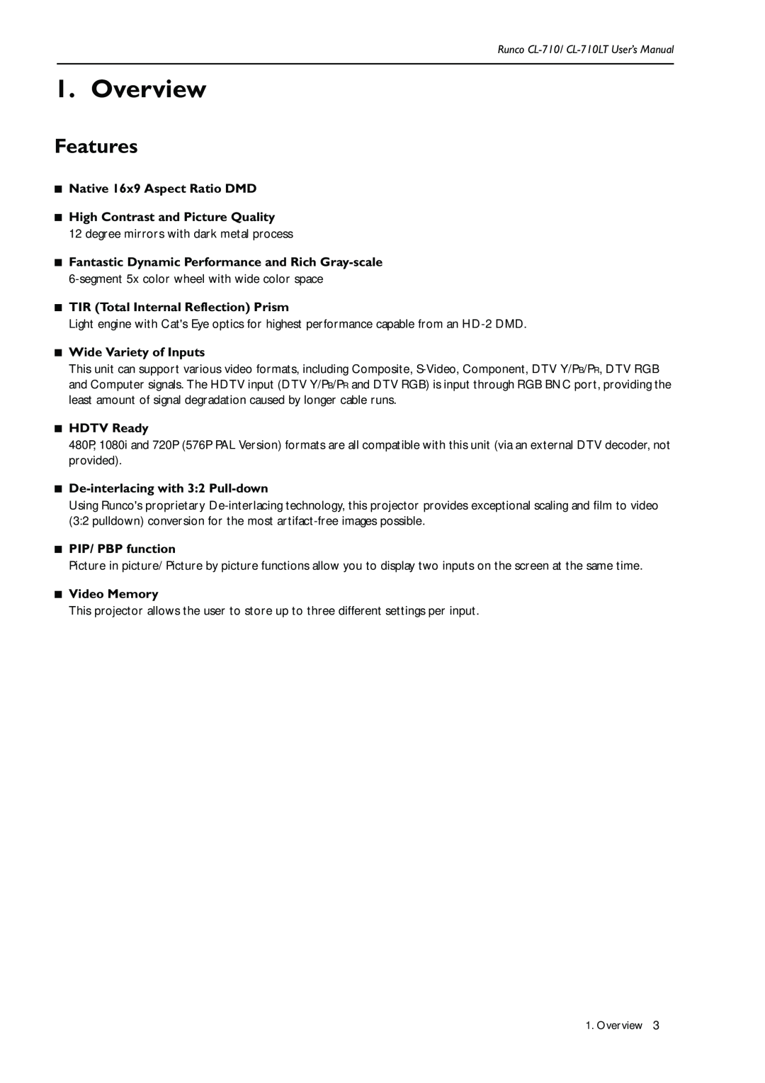 Runco CL-710LT manual Overview, Features 