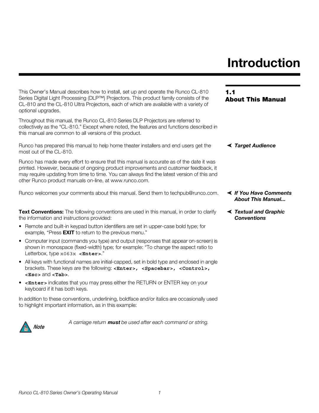 Runco CL-810 ULTRA, CL-810 CINEWIDE, CL-810 / SDC-1 manual Introduction, About This Manual 