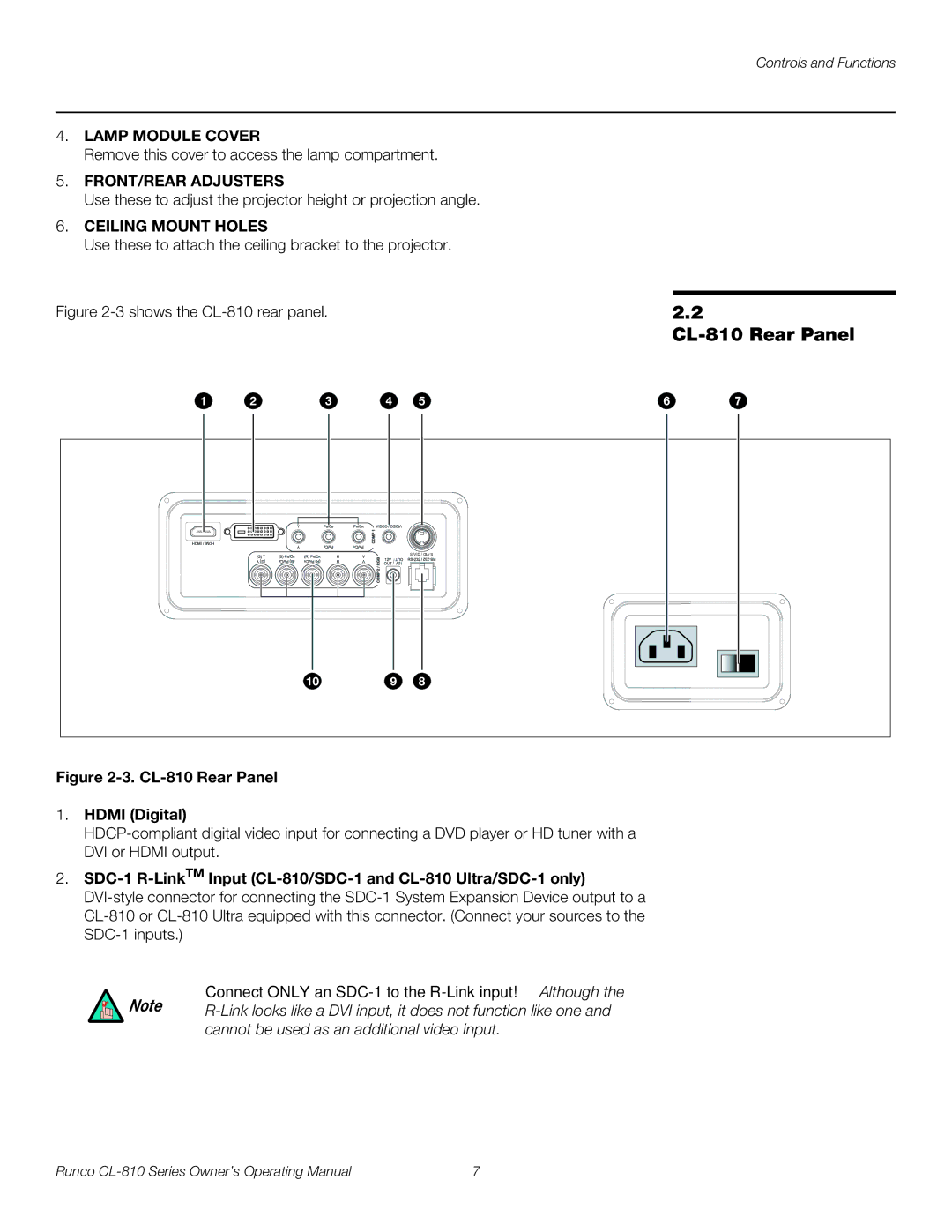 Runco CL-810 ULTRA, CL-810 CINEWIDE, CL-810 / SDC-1 CL-810 Rear Panel, Connect only an SDC-1 to the R-Link input! Although 