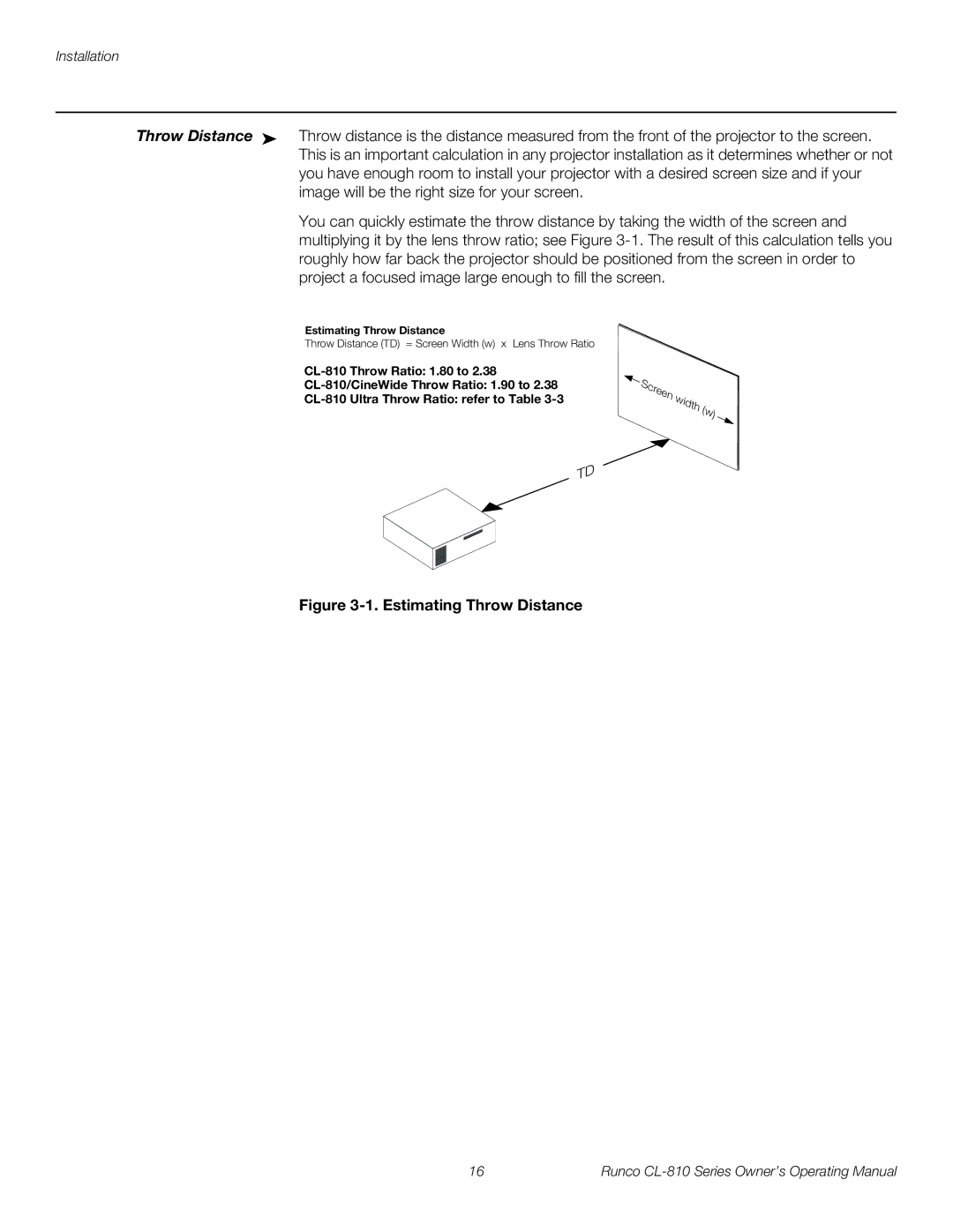 Runco CL-810 ULTRA, CL-810 CINEWIDE, CL-810 / SDC-1 manual Estimating Throw Distance 