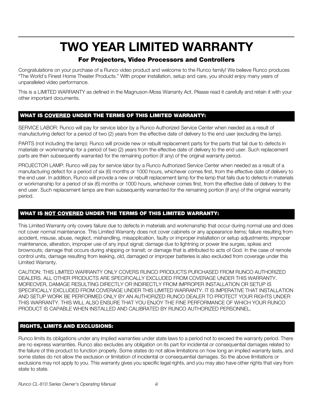 Runco CL-810 CINEWIDE, CL-810 ULTRA manual TWO Year Limited Warranty, For Projectors, Video Processors and Controllers 