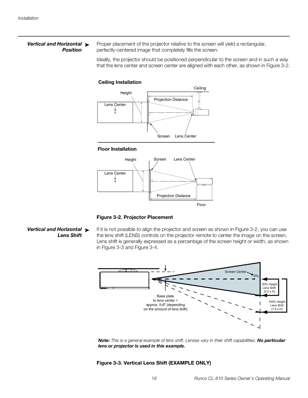 Runco CL-810 CINEWIDE manual Vertical and Horizontal, Position, Ceiling Installation, Floor Installation, Lens Shift 