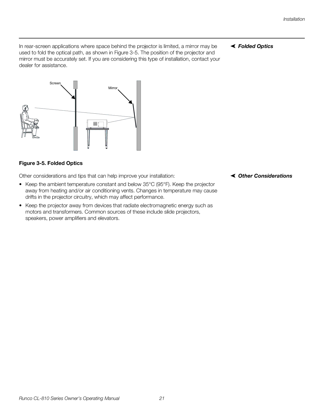 Runco CL-810 CINEWIDE, CL-810 ULTRA, CL-810 / SDC-1 manual Folded Optics, Other Considerations 