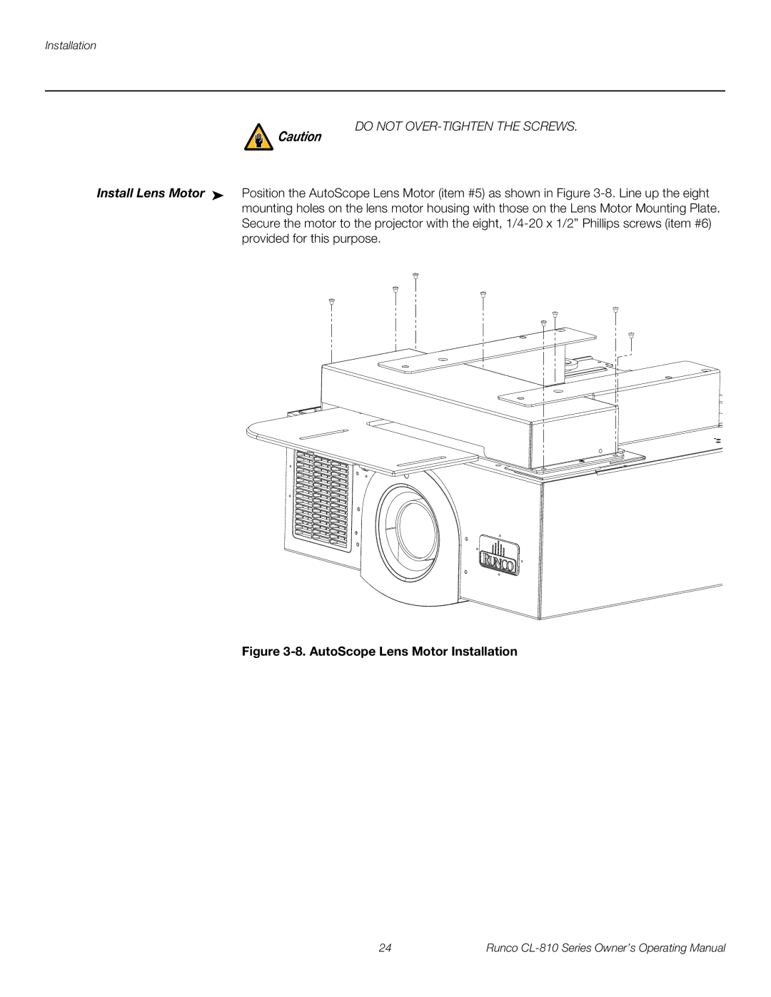 Runco CL-810 CINEWIDE, CL-810 ULTRA, CL-810 / SDC-1 manual AutoScope Lens Motor Installation 