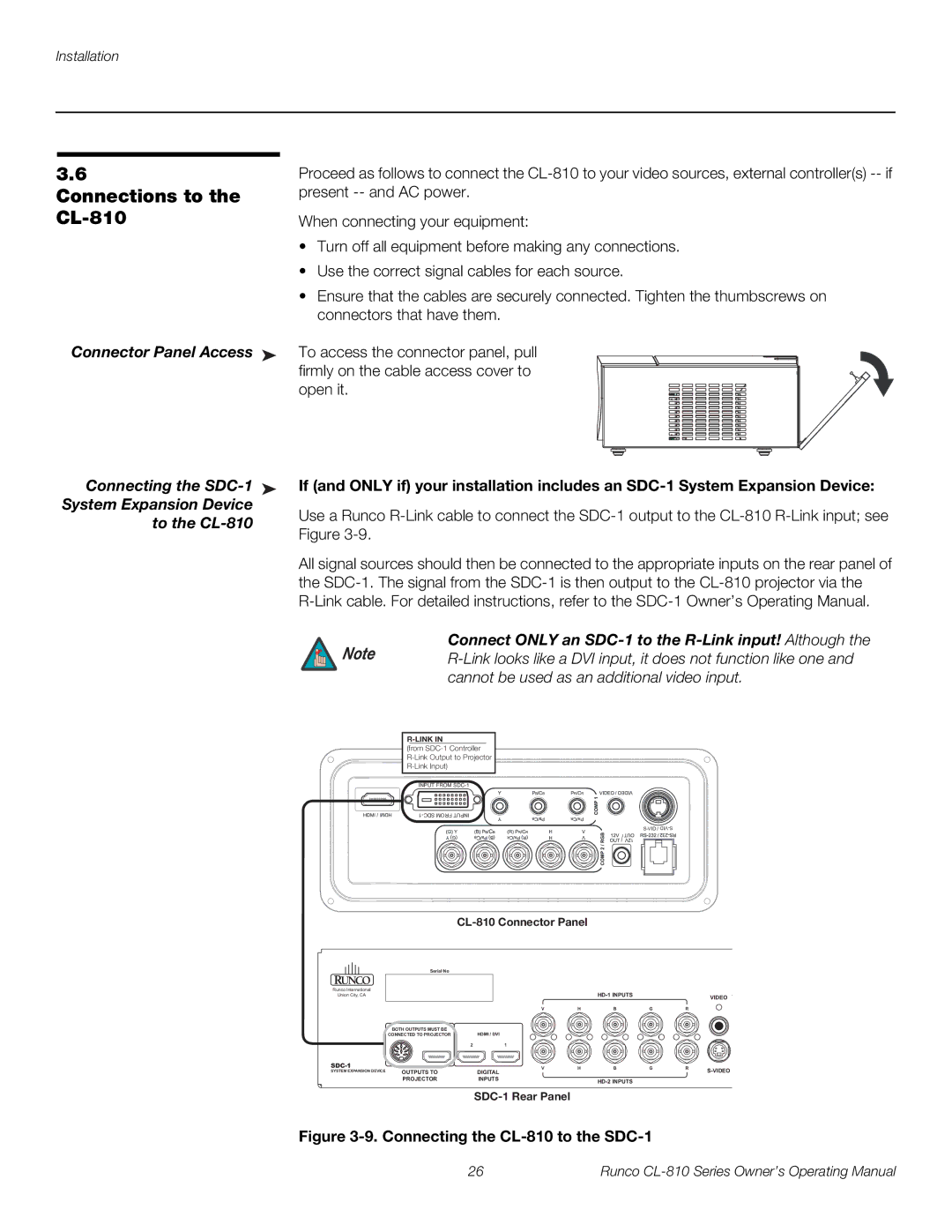 Runco CL-810 / SDC-1, CL-810 CINEWIDE manual Connections to, Connector Panel Access, System Expansion Device, To the CL-810 