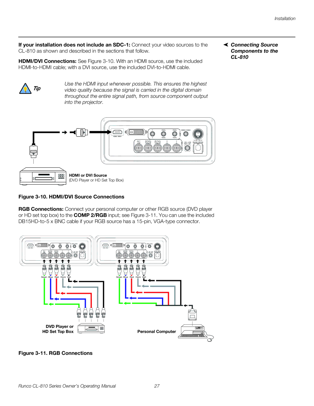 Runco CL-810 CINEWIDE, CL-810 ULTRA, CL-810 / SDC-1 Connecting Source Components to the CL-810, HDMI/DVI Source Connections 