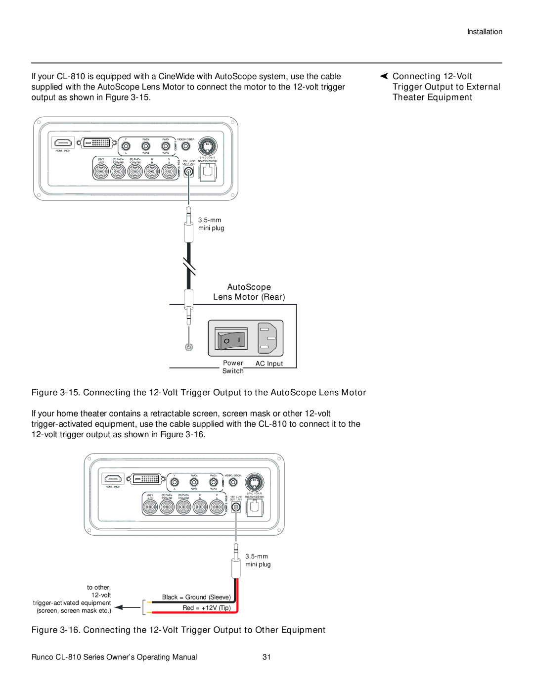 Runco CL-810 ULTRA, CL-810 CINEWIDE AutoScope Lens Motor Rear, Connecting the 12-Volt Trigger Output to Other Equipment 