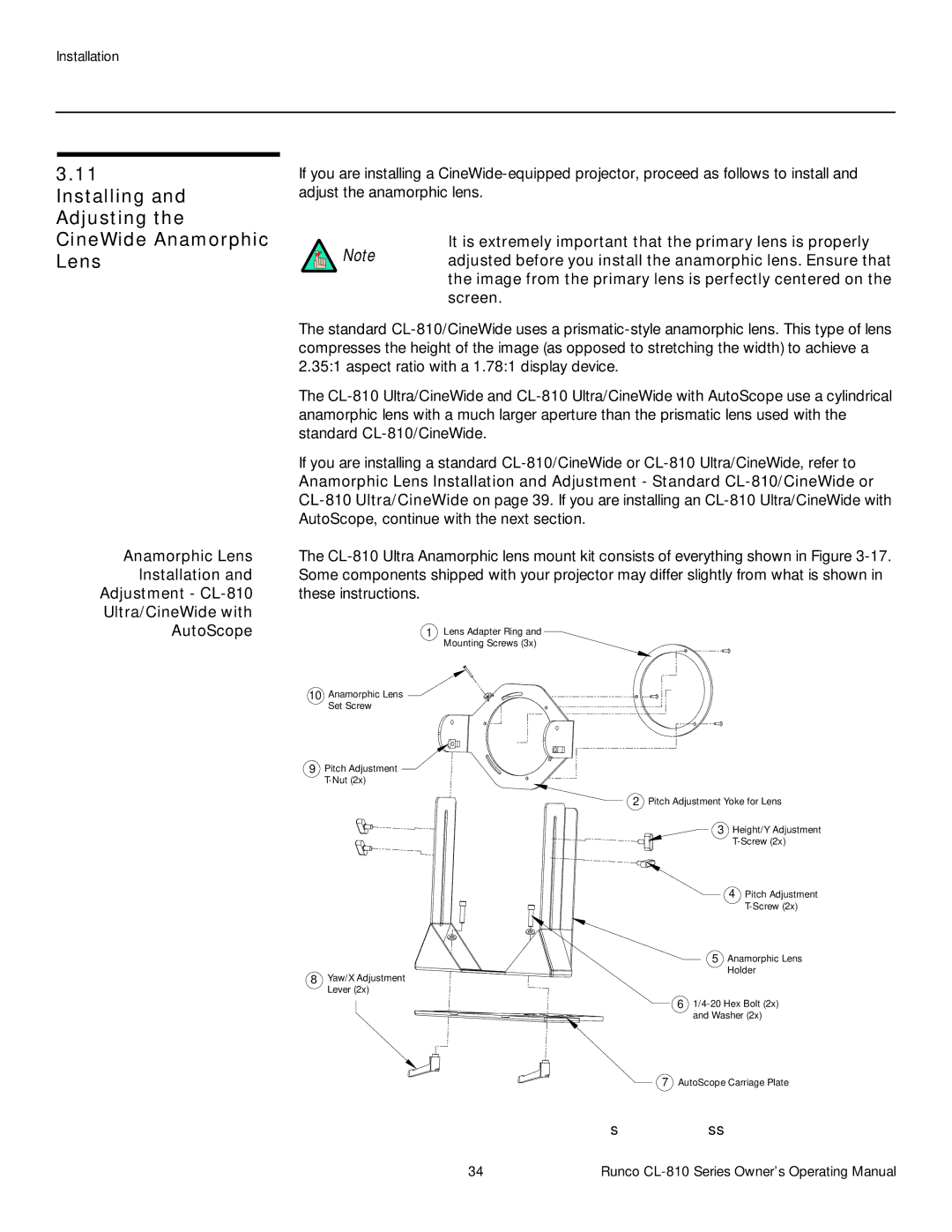 Runco CL-810 ULTRA, CL-810 CINEWIDE, CL-810 / SDC-1 manual Installing and Adjusting the CineWide Anamorphic Lens 
