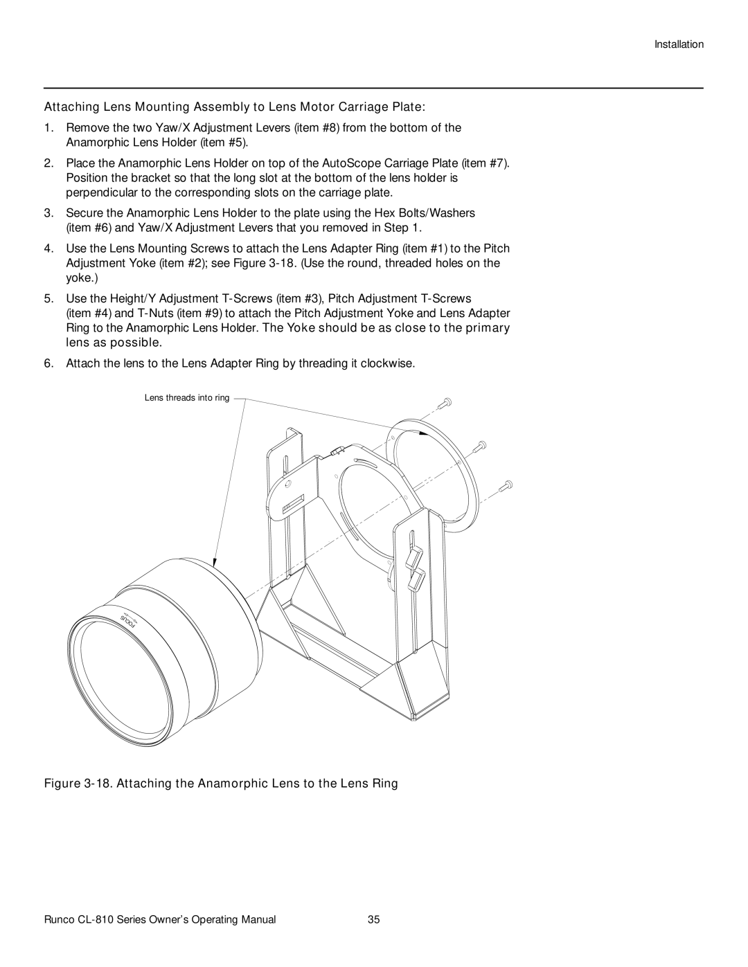 Runco CL-810 / SDC-1, CL-810 CINEWIDE, CL-810 ULTRA manual Attaching the Anamorphic Lens to the Lens Ring 