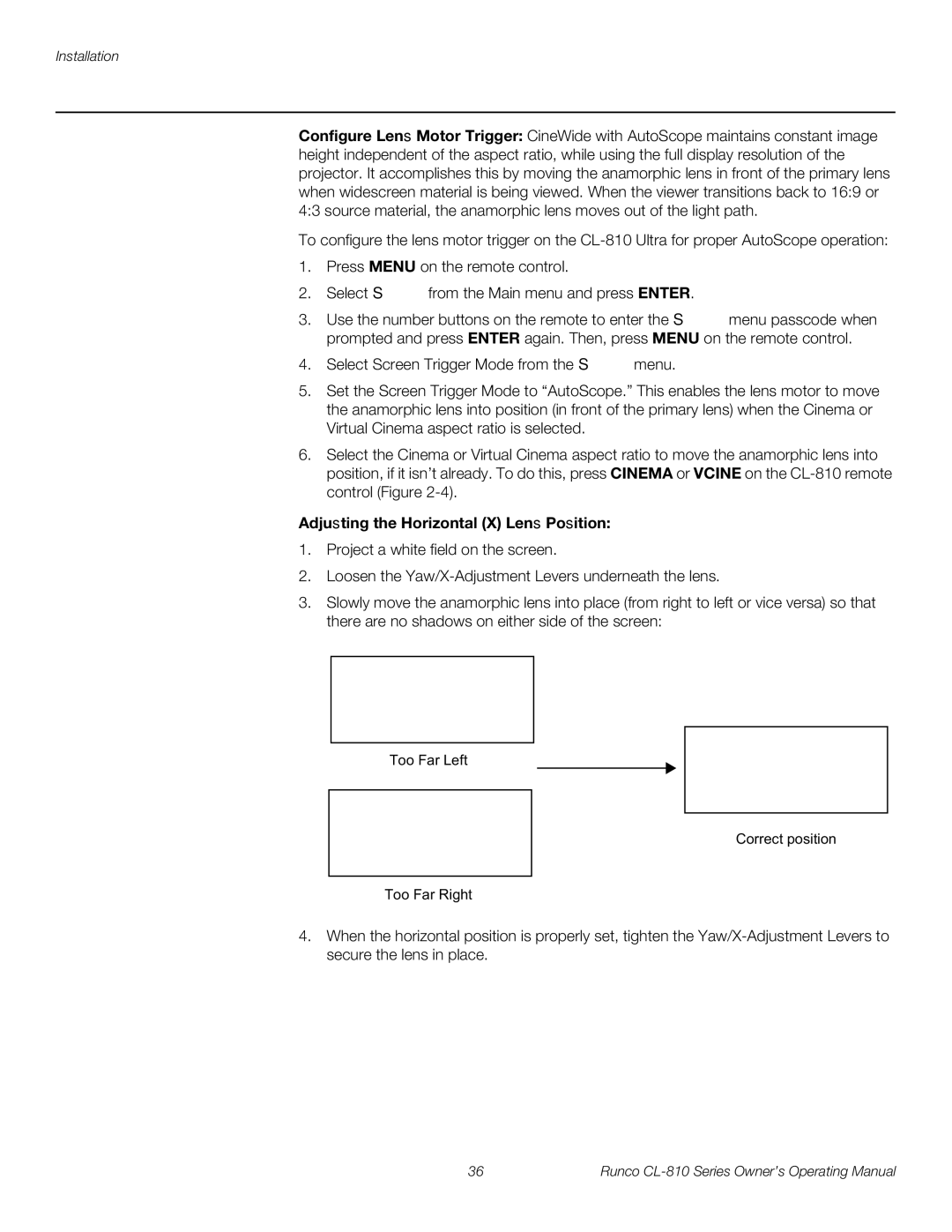 Runco CL-810 CINEWIDE, CL-810 ULTRA, CL-810 / SDC-1 manual Adjusting the Horizontal X Lens Position 