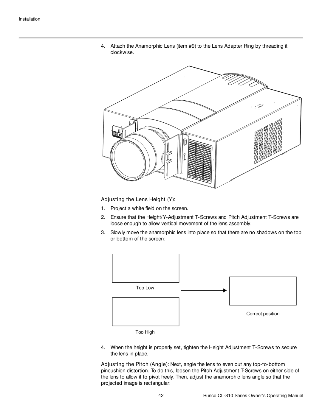 Runco CL-810 CINEWIDE, CL-810 ULTRA, CL-810 / SDC-1 manual Adjusting the Lens Height Y 