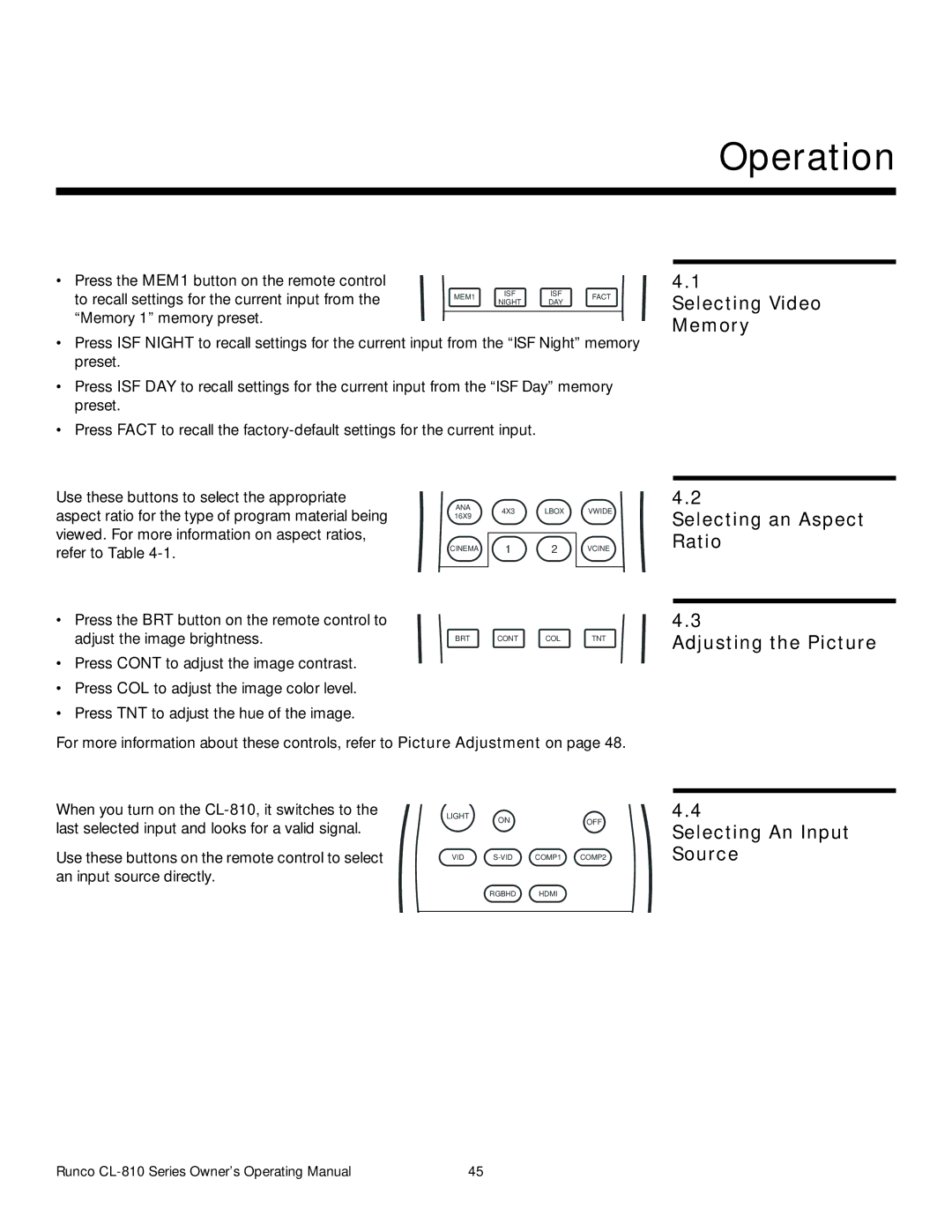 Runco CL-810 CINEWIDE, CL-810 ULTRA Operation, Selecting Video Memory, Selecting an Aspect Ratio Adjusting the Picture 