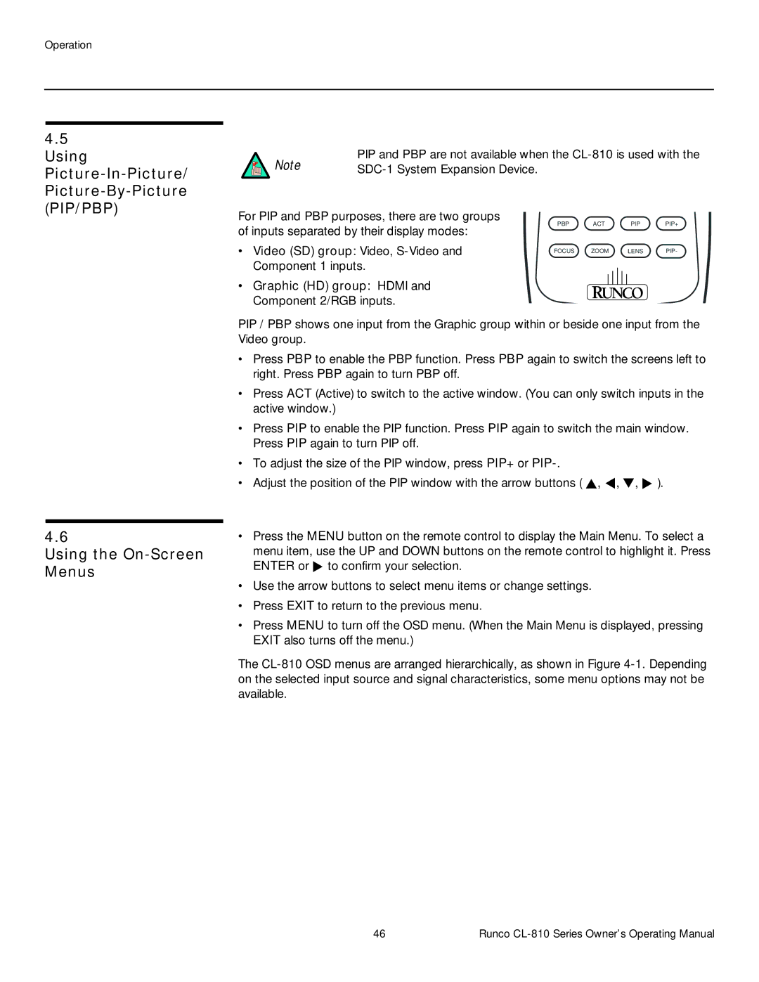 Runco CL-810 ULTRA, CL-810 CINEWIDE manual Using Picture-In-Picture/ Picture-By-Picture PIP/PBP, Using the On-Screen Menus 