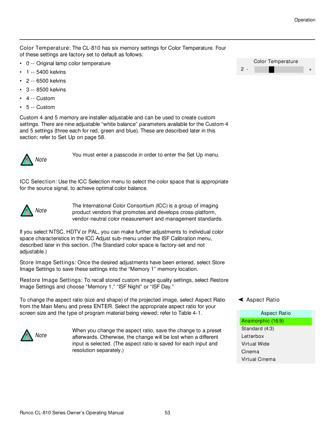 Runco CL-810 / SDC-1, CL-810 CINEWIDE manual You must enter a passcode in order to enter the Set Up menu, Aspect Ratio 