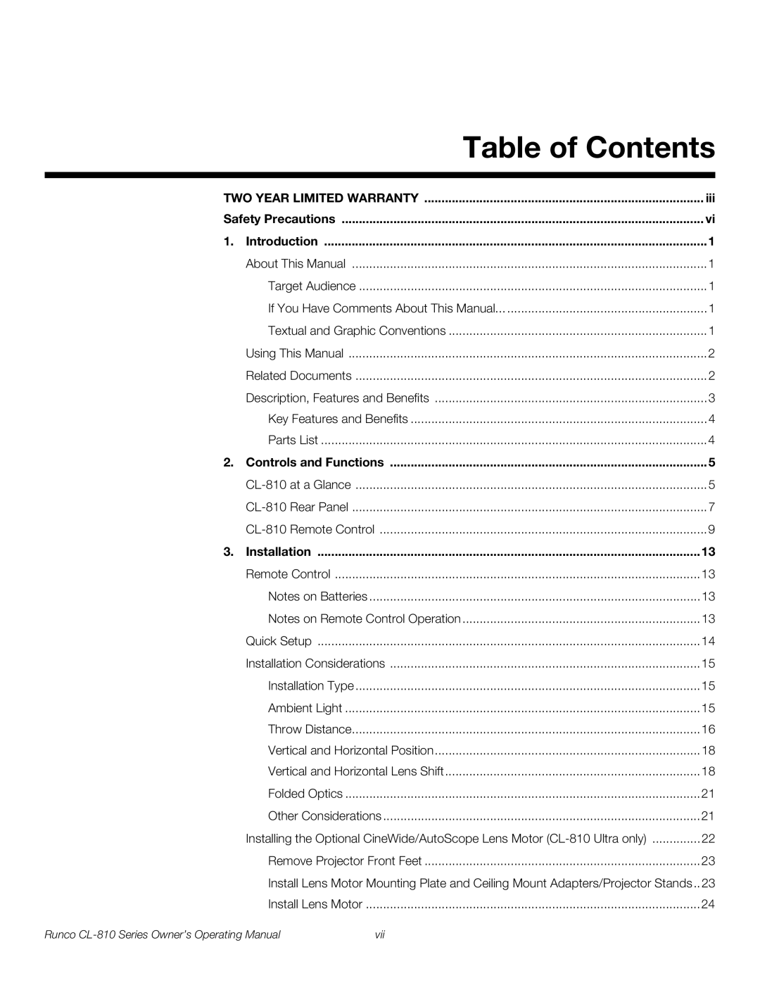 Runco CL-810 ULTRA, CL-810 CINEWIDE, CL-810 / SDC-1 manual Table of Contents 