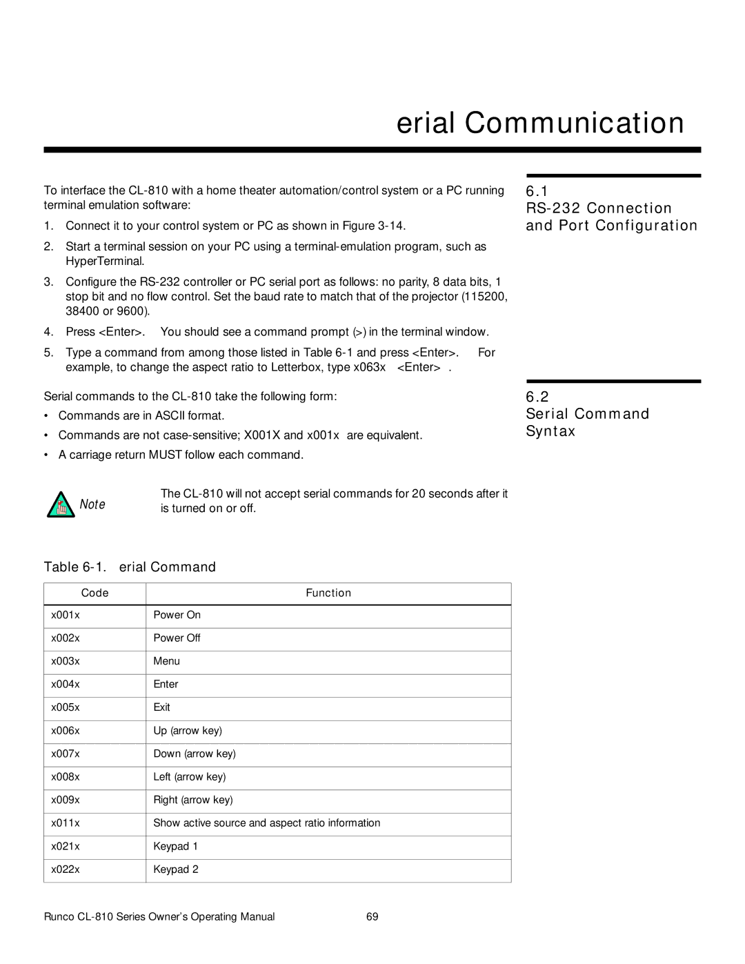 Runco CL-810 CINEWIDE, CL-810 ULTRA, CL-810 / SDC-1 manual Serial Communications, Is turned on or off, Code Function 