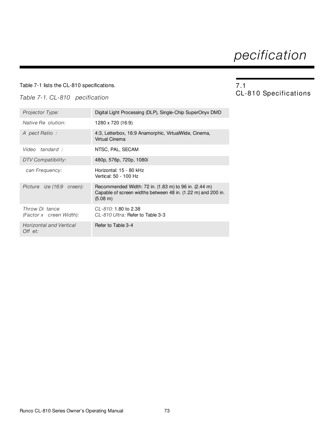 Runco CL-810 ULTRA, CL-810 CINEWIDE, CL-810 / SDC-1 manual CL-810 Specifications 