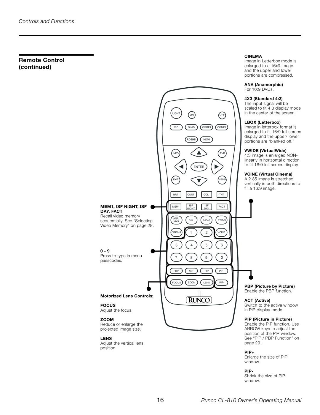Runco manual Remote Control continued, Controls and Functions, Runco CL-810 Owner’s Operating Manual 